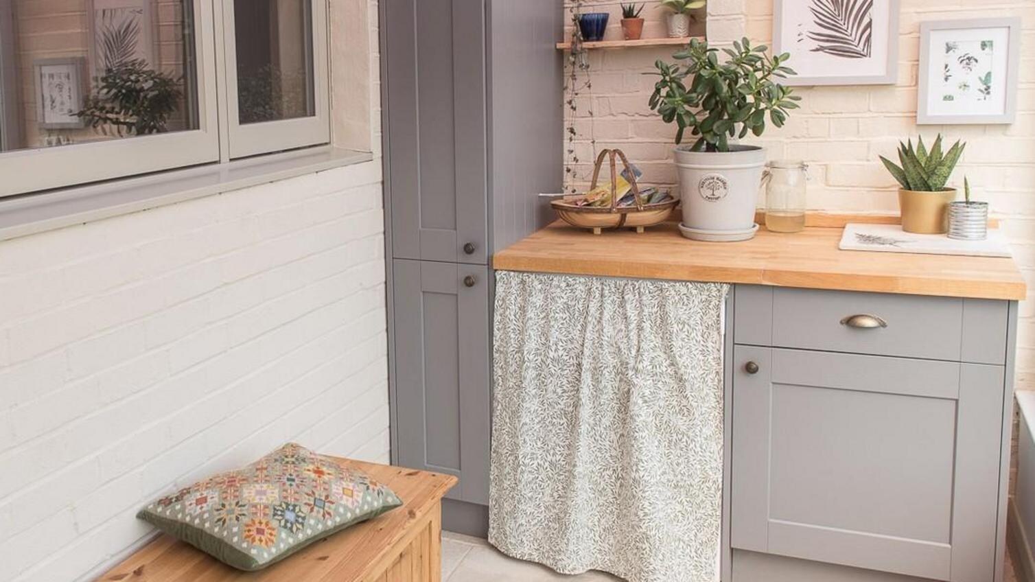 Boot room storage idea using tall & base units with a worktop for a flexible work and storage space.