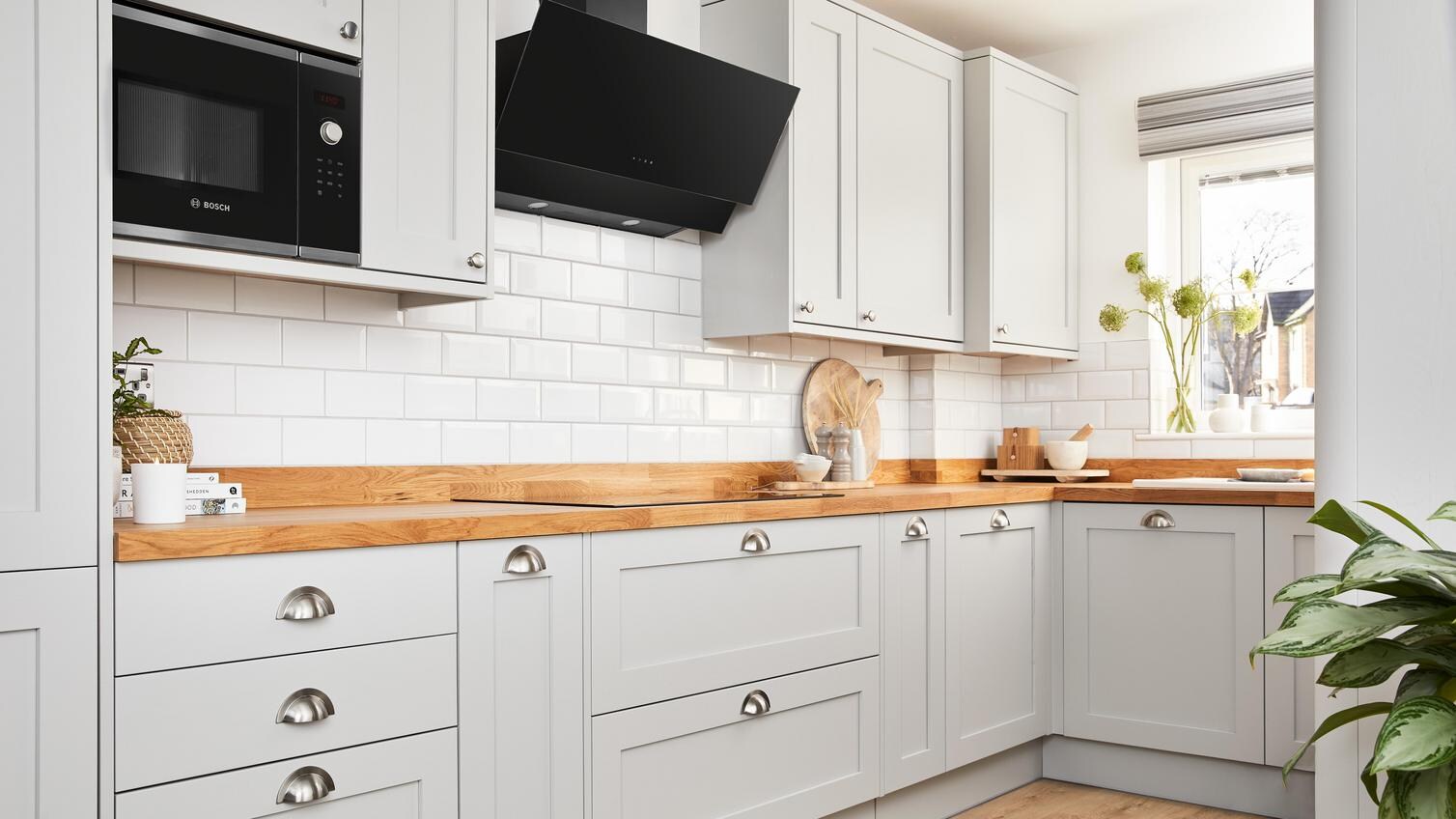 Wide shot of Ellen White's dove grey kitchen
