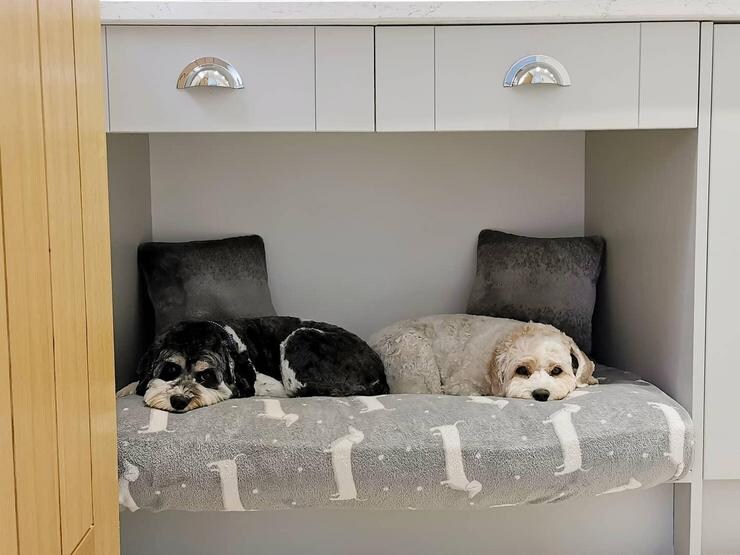 A light grey shaker kitchen idea with integrated dog bed using marble-effect worktops, chrome handles and drawer packs. 