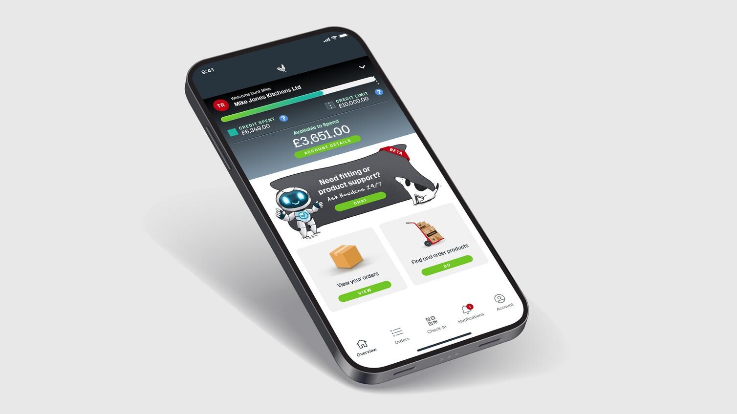 A smartphone showing the Howdens website with Chip AI tool