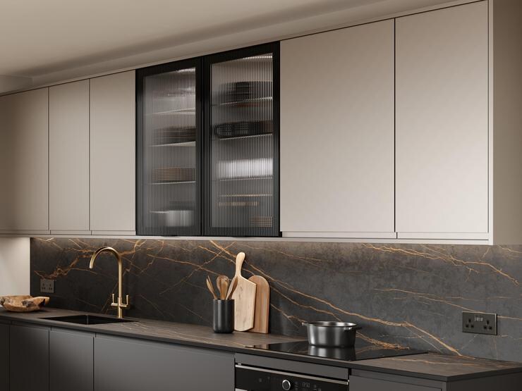 A matt, metallic kitchen door finished in Titanium
