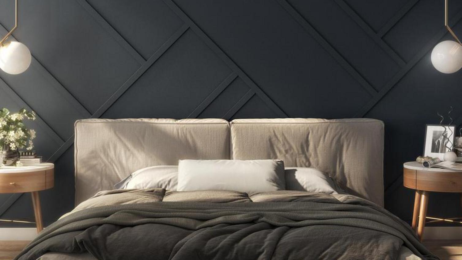 A bedroom with a grey bed in front of a deep blue wall with stripwood panelling used to create a geometric pattern