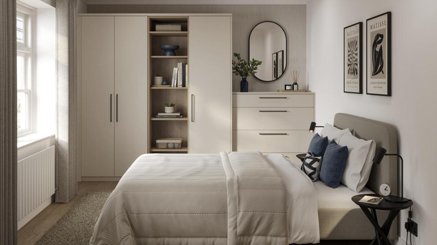 A small, modern fitted bedroom from Howdens