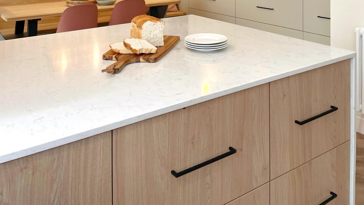 White kitchen worktop on an island unit