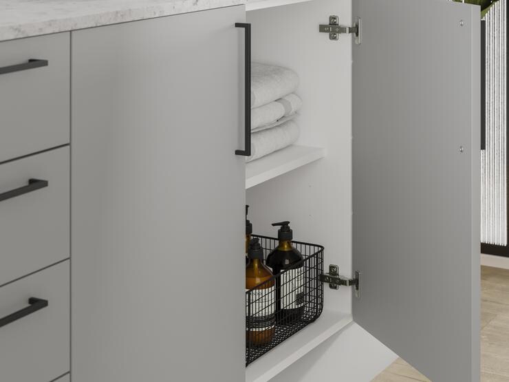 Hockely Super Matt Dove Grey Bathroom Cabinet Open