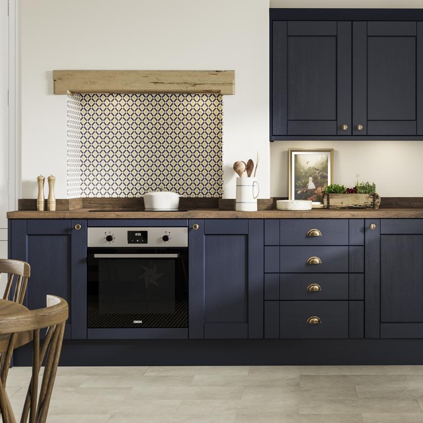 Zanussi Series 20 ZOHNX3X1 Built In Stainless Steel Single Fan Oven in a Navy Shaker Kitchen