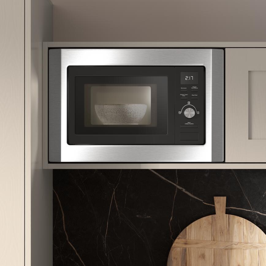 Lamona Wall Mounted SS Microwave in Howdens Kitchen Chilcomb Pebble