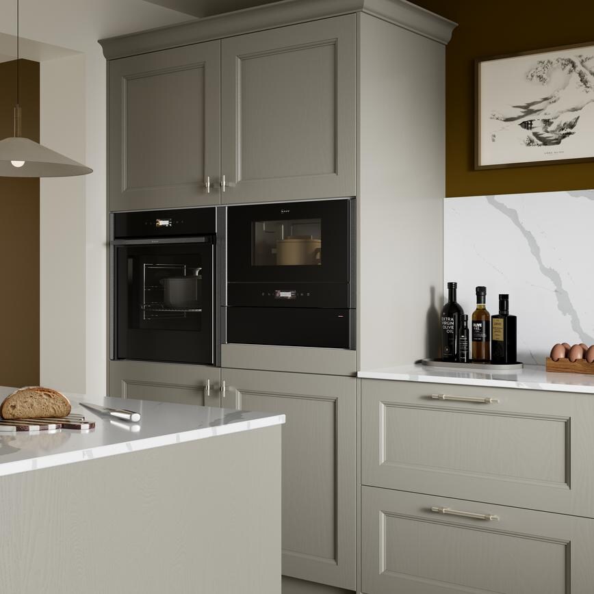 Neff N70 Microwave, Slide and Hide Oven, Warming Drawer in Elmbridge Pebble