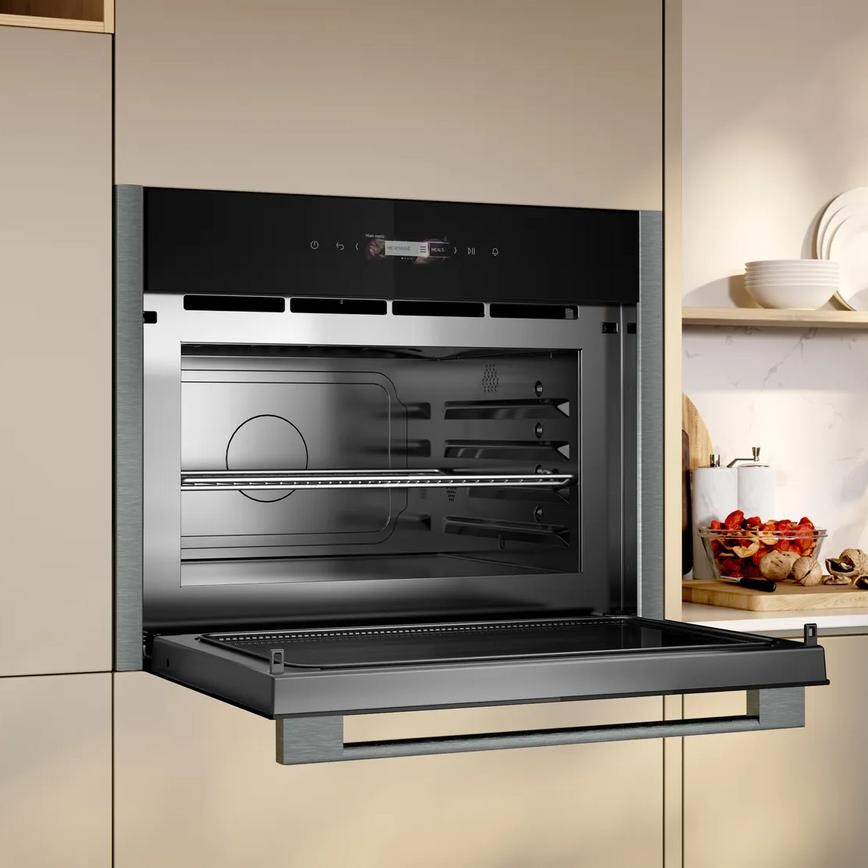 Neff N70 C24GR3XG1B Built In 45cm Graphite Microwave With Grill Door Open