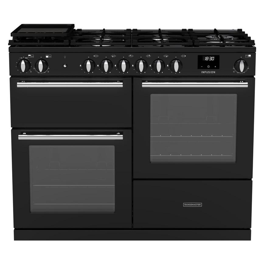 Rangemaster Infusion INFO110DFPGBL/CM1 Freestanding Dual Fuel Fan 110cm Black Range Cooker Front