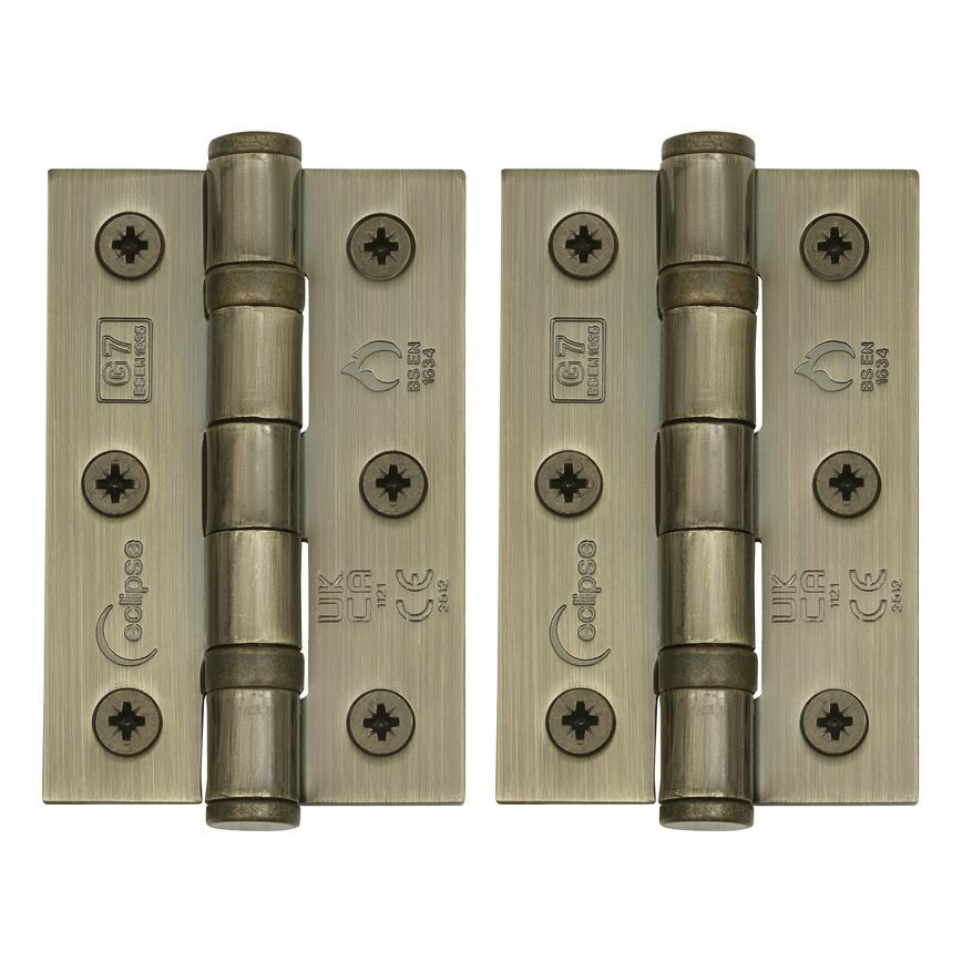 Eclipse Antique Brass 76mm x 51mm Light Duty Grade 7 Ball Bearing Fire Rated Butt Hinge Pack of 2