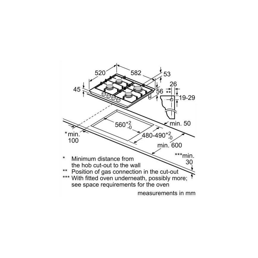 Bosch Serie 6 PCP6A5B90 60cm Stainless Steel Gas Hob Sketch