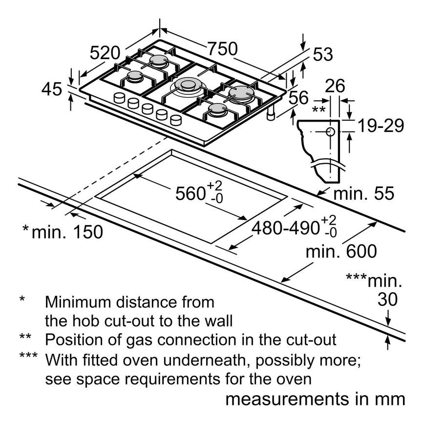 Bosch Serie 6 PCQ7A5B90 75cm Stainless Steel Gas Hob Sketch