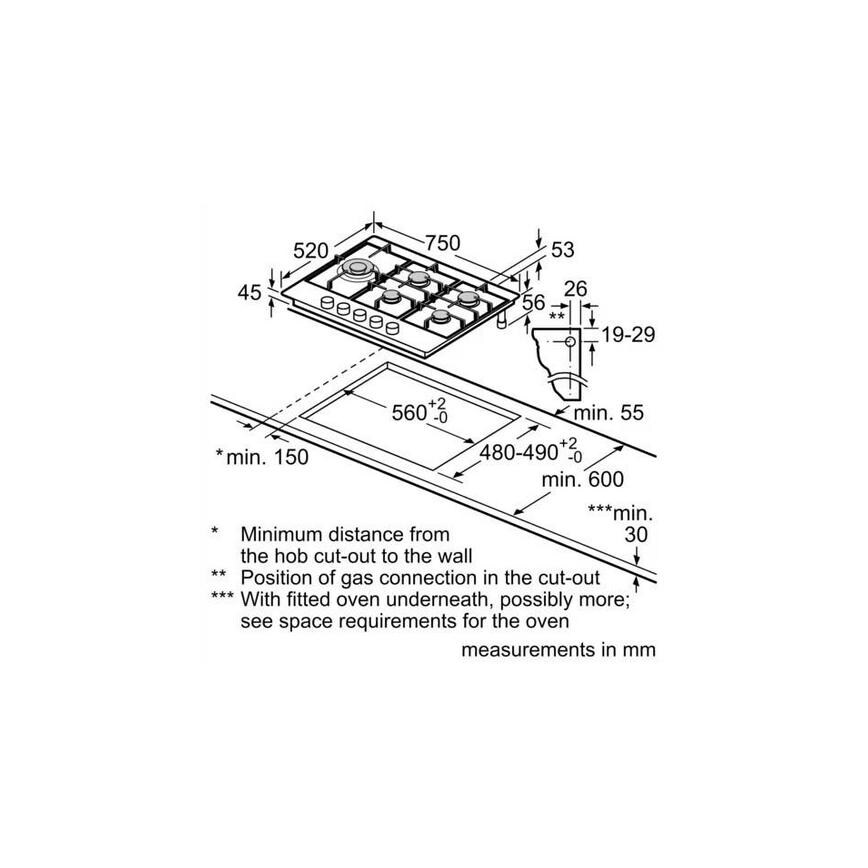 Neff N70 T27DS79N0 75cm Stainless Steel Gas Hob Sketch