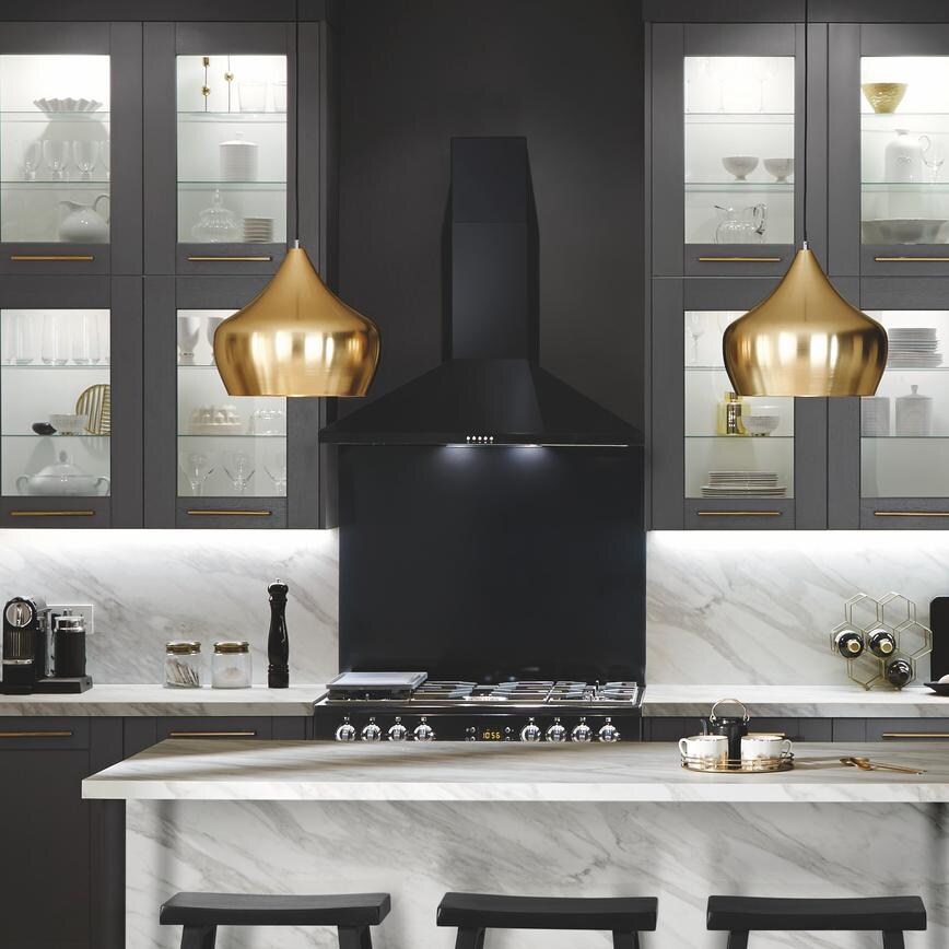 Lamona LAM2413 90cm Black Chimney Cooker Hood between Two Glass Wall Cabinets