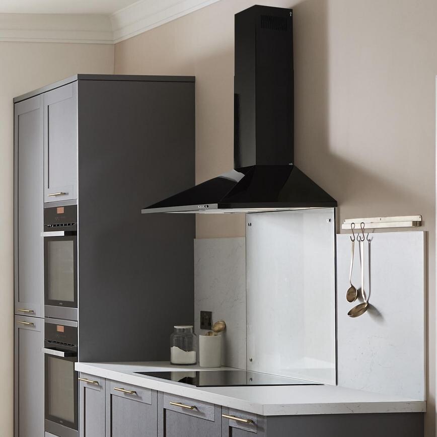 Lamona LAM2413 90cm Black Chimney Cooker Hood in a Navy Shaker Kitchen