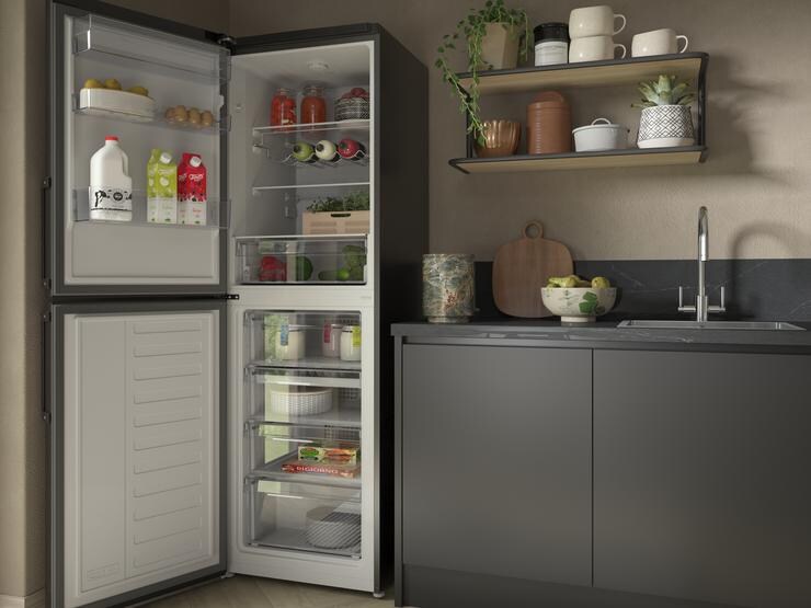 Beko CRFP3691VG Freestanding 50/50 Graphite Fridge Freezer Doors Open 