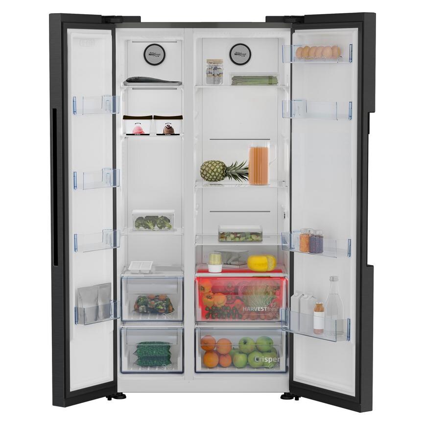 Beko ASL1442VPZ Freestanding Black American Fridge Freezer Door Open