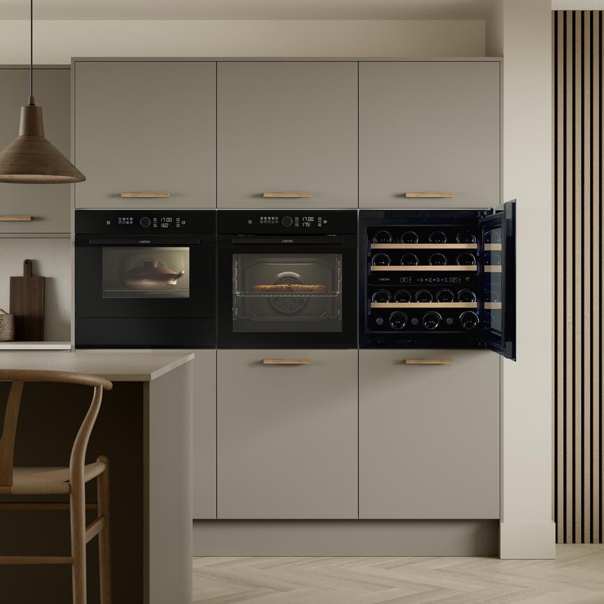 Lamona Appliances 60cm Built in Wine Cooler Lamona Ovens Warming Drawer featured in Hockley Sand Grey