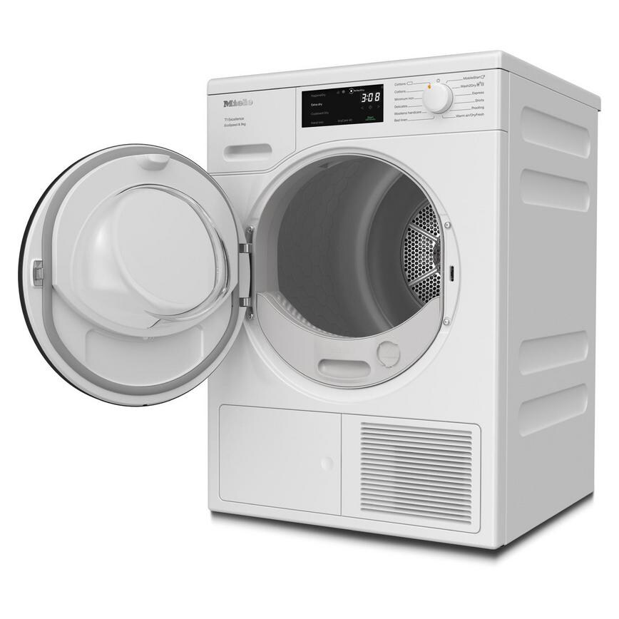 Miele T1 TED645 Freestanding 9kg White Heat Pump Tumble Dryer Angle Open