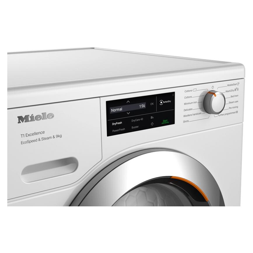 Miele T1 TEL785 WP Freestanding 9kg White Heat Pump Tumble Dryer Angle Control Panel