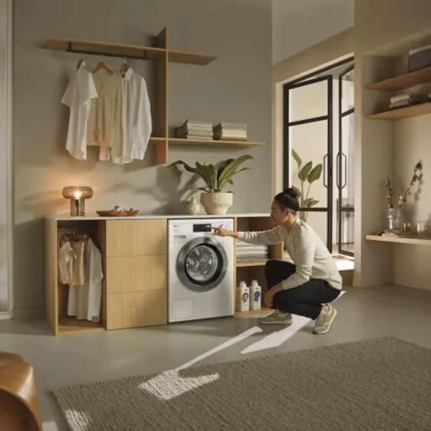 Miele W1 Series WEK365 WCS Freestanding 10kg 1400rpm White Washing Machine Laundry Room In Use