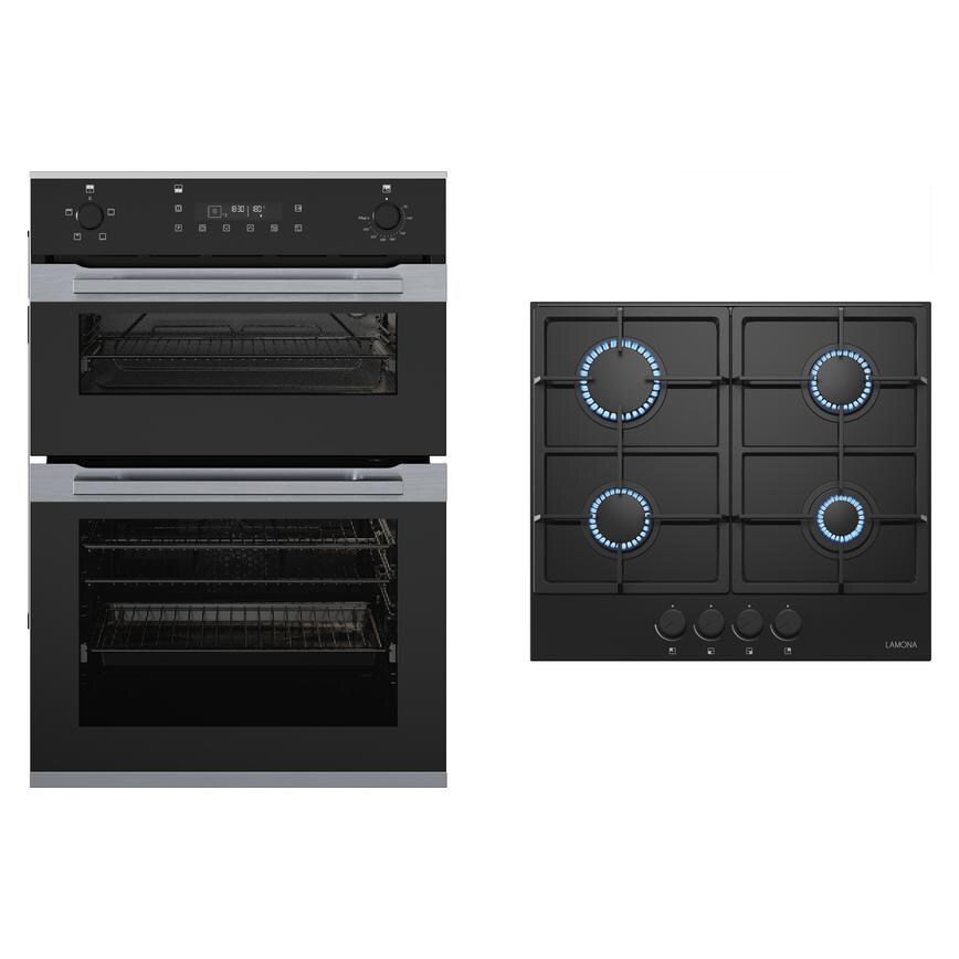 Lamona Built-In Double Multi-Function Oven and 4 Burner Gas on Glass Hob