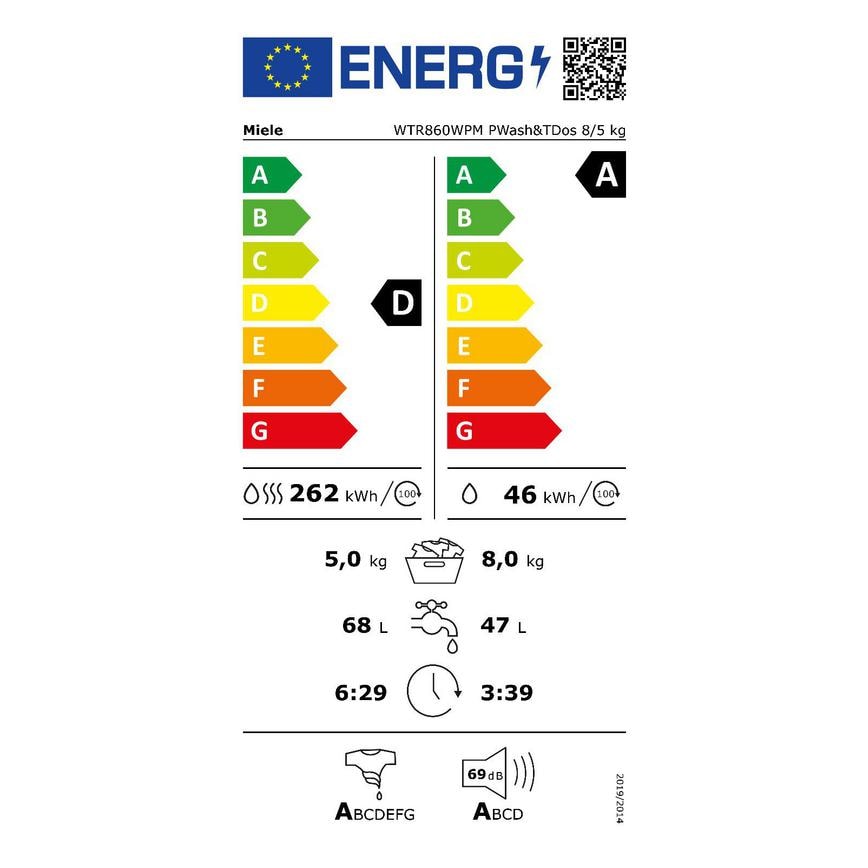EU Energy Label FME8900 Miele WT1 WTD165 WPM Freestanding 8kg/5kg 1500rpm White Washer Dryer