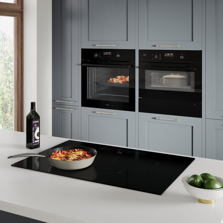 AEG 80cm Sense Boil Induction Hob, Oven, Warming, Drawer in Chilcomb Dusk Blue