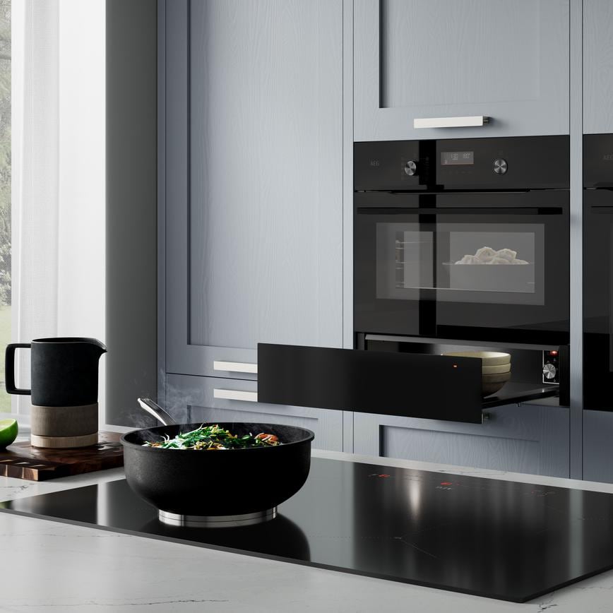 AEG Gloss Black Warming Drawer Open