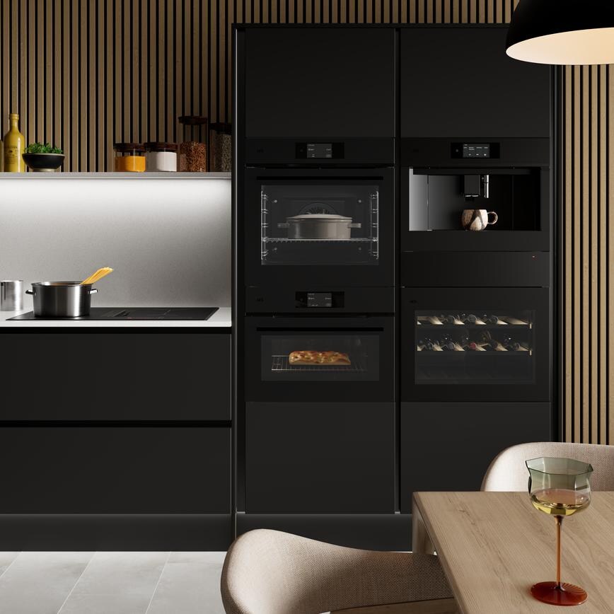 AEG Matt Black Warming Drawer Oven Coffee Machine Wine Fridge in Hockley Black Kitchen