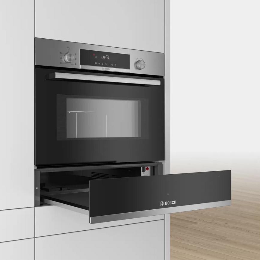 Bosch Serie 6 BIC510NS0B 14cm Stainless Steel Built In Warming Drawer Open