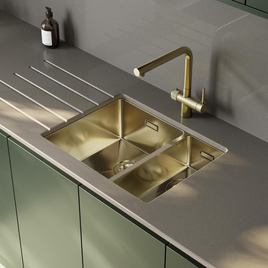  1.5 bowl Brushed Brass Sink Hockley Fir Green Handleless