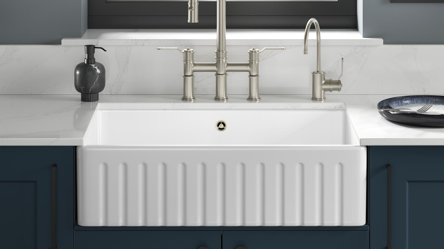 Ceramic Fluted Winterburn Butler 800 Single Bowl Sink in Chelford Marine Blue Kitchen