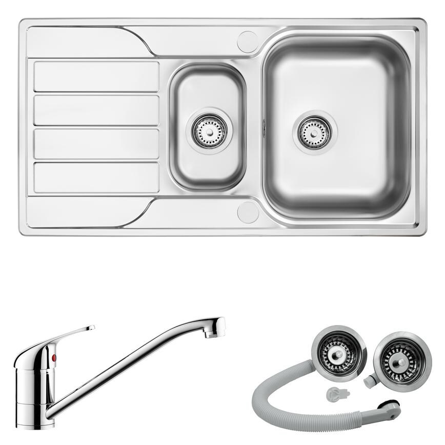 Rumworth 1.5 Bowl Sink and Arno Chrome Long Arm Mixer Tap With Premium Strainer Waste Kit Package