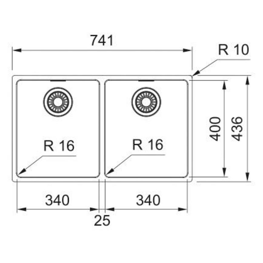 Franke Maris Double Bowl No Drainer Inset/Undermount Stainless Steel Kitchen Sink Line Drawing