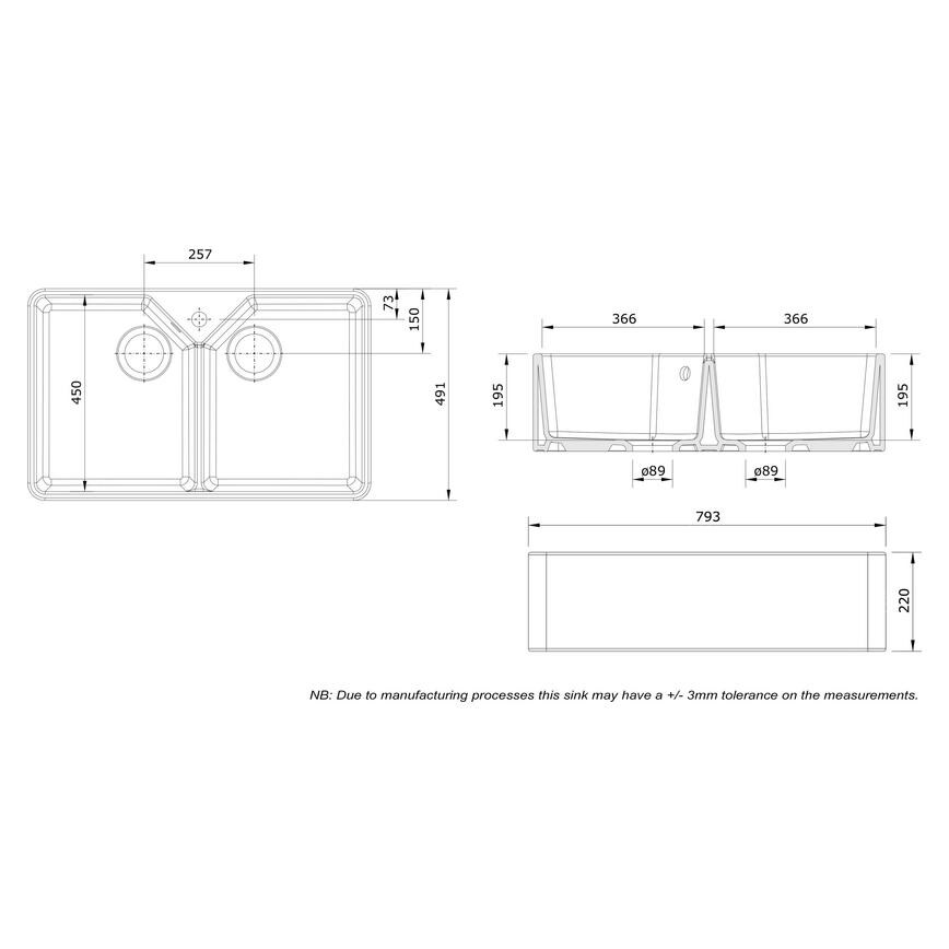 Rangemaster Farmhouse Double Bowl No Drainer Undermount Ceramic Smooth White Large Butler Kitchen Sink Line Drawing