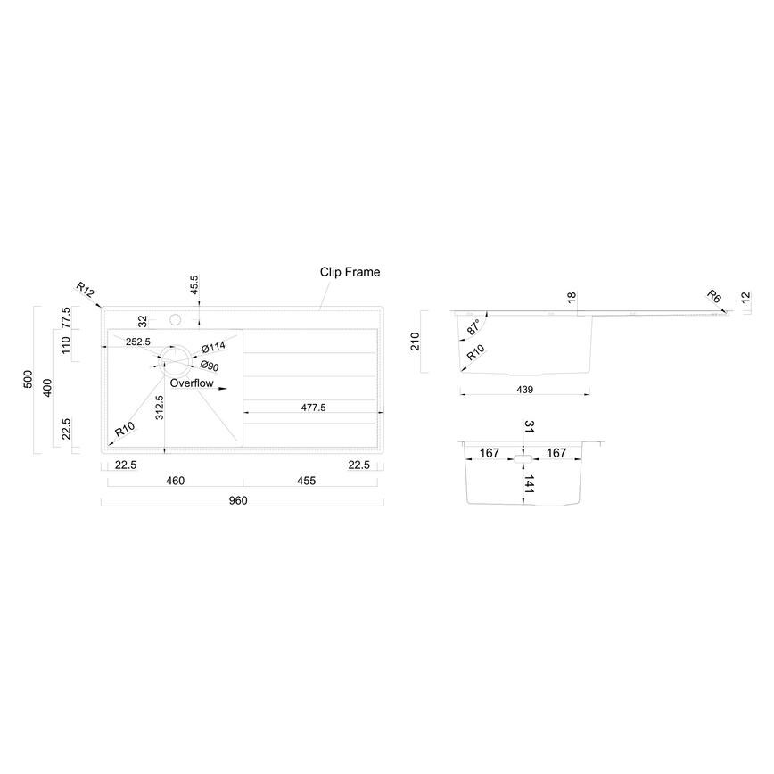 Rangemaster Eyebrook Single Bowl Right Hand Inset Stainless Steel Kitchen Sink Line Drawing