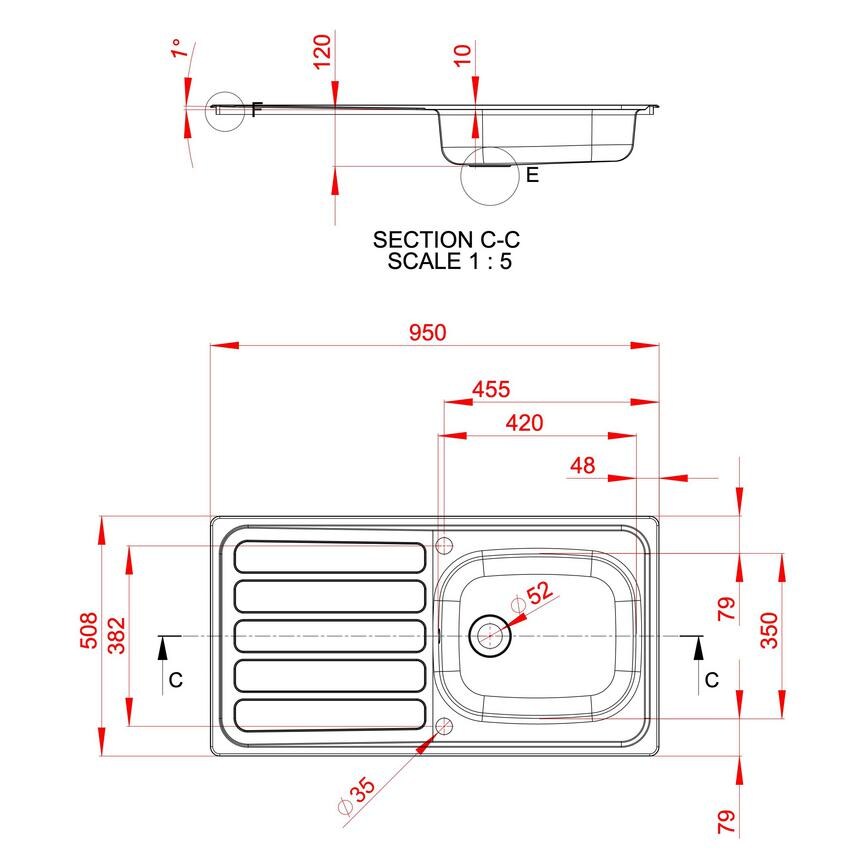Drayton Single Bowl Reversible Inset Stainless Steel Shallow Kitchen Sink Line Drawing