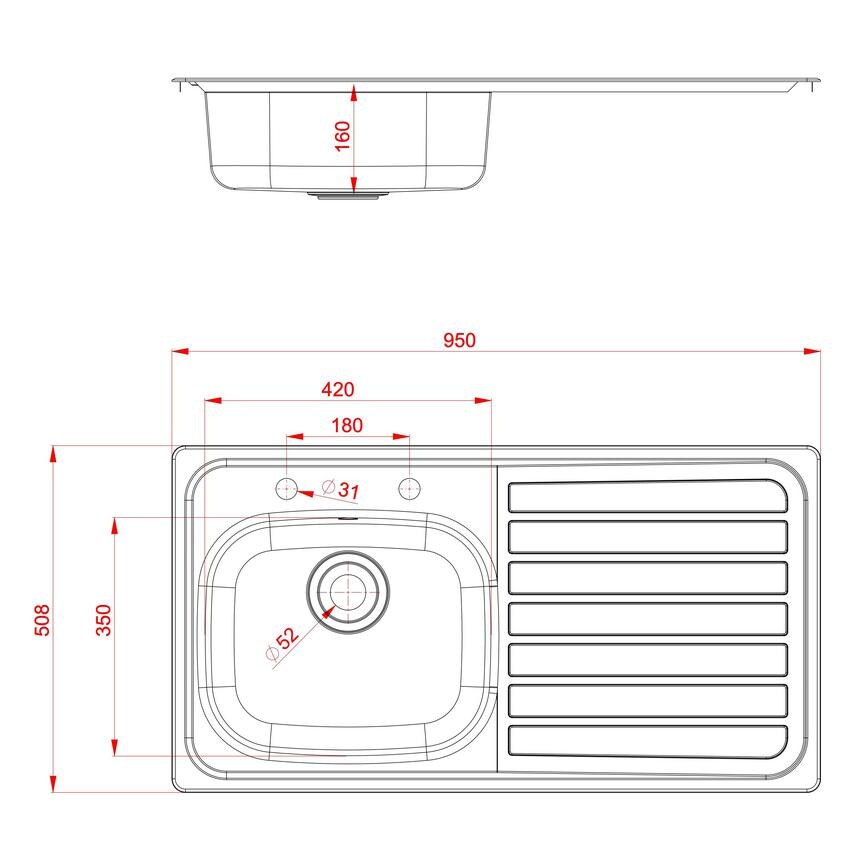 Single Bowl Right Hand Inset Stainless Steel Kitchen Sink Line Drawing