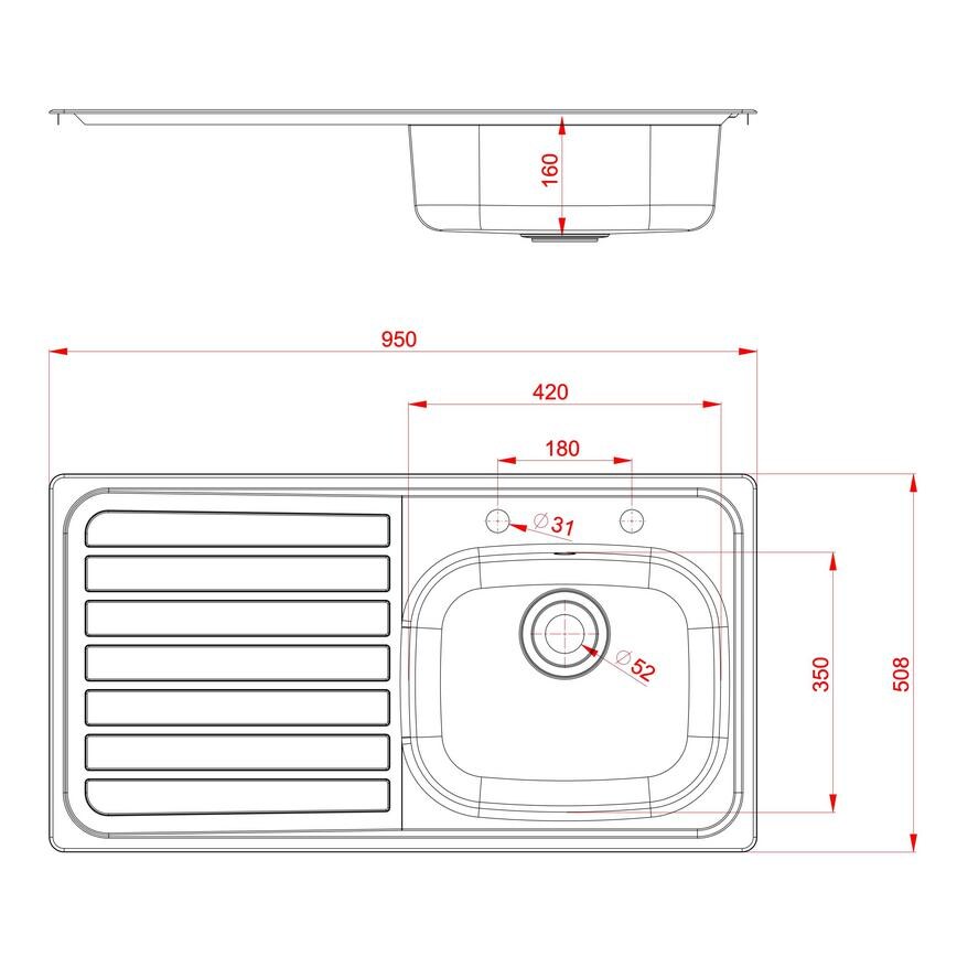 Single Bowl Left Hand Inset Stainless Steel Kitchen Sink Line Drawing