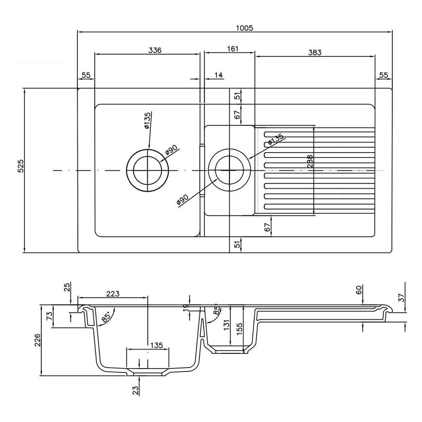 Keddington 1.5 Bowl Reversible Inset Ceramic White Kitchen Sink Line Drawing