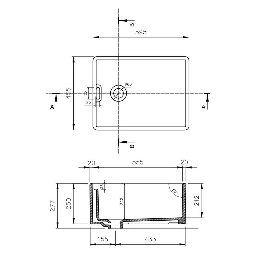 Contemporary Single Bowl No Drainer Undermount Ceramic Smooth White Belfast Kitchen Sink Line Drawing
