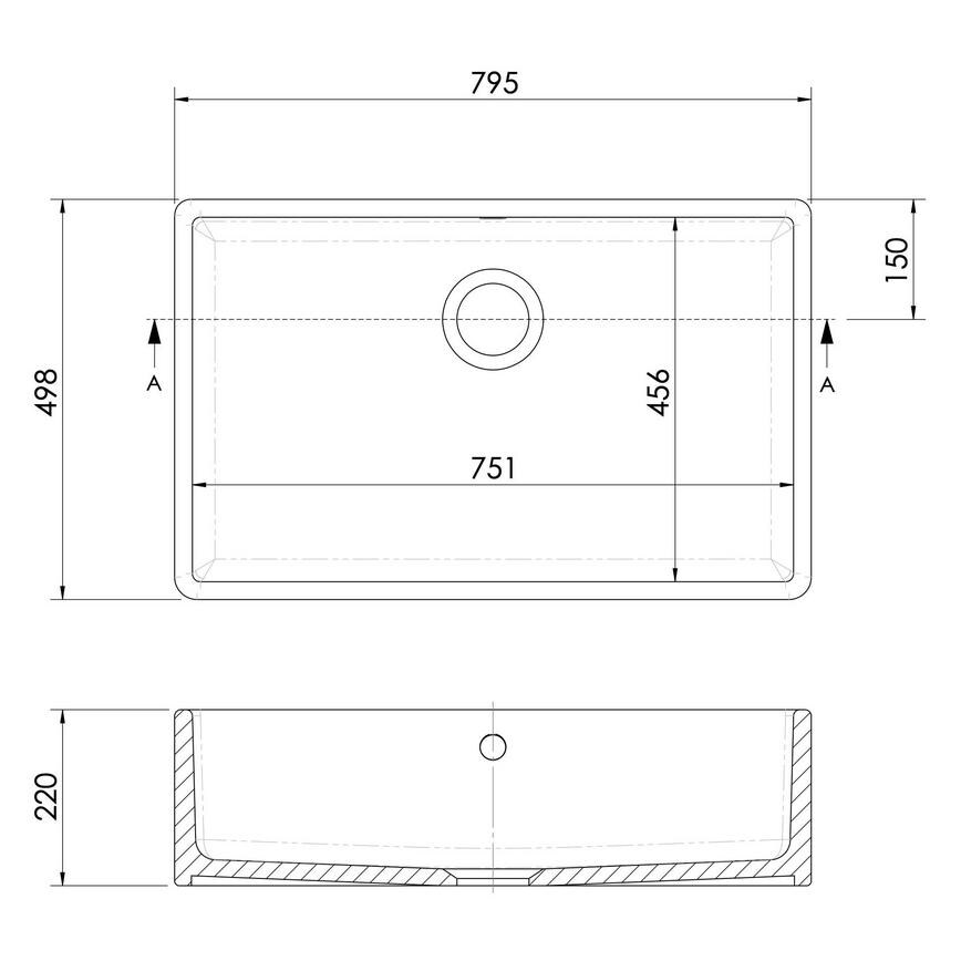 Holkham Single Bowl No Drainer Undermount Ceramic Fluted White Large Butler Kitchen Sink Line Drawing