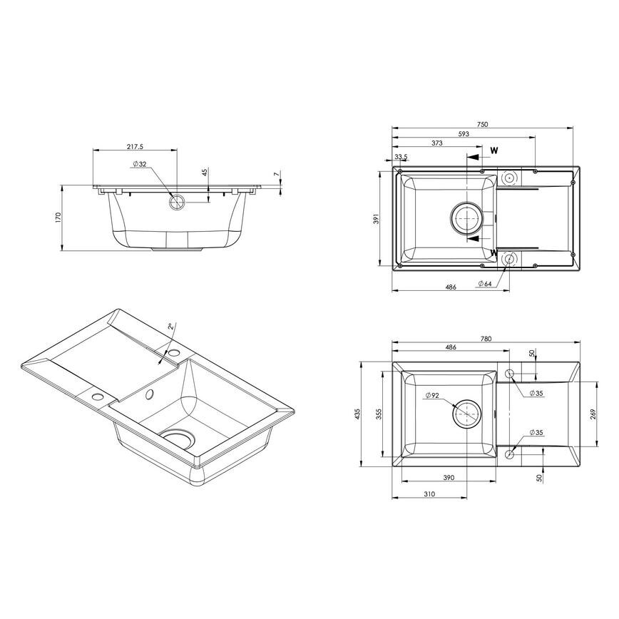 Single Bowl Reversible Inset Composite Black Compact Kitchen Sink Line Drawing