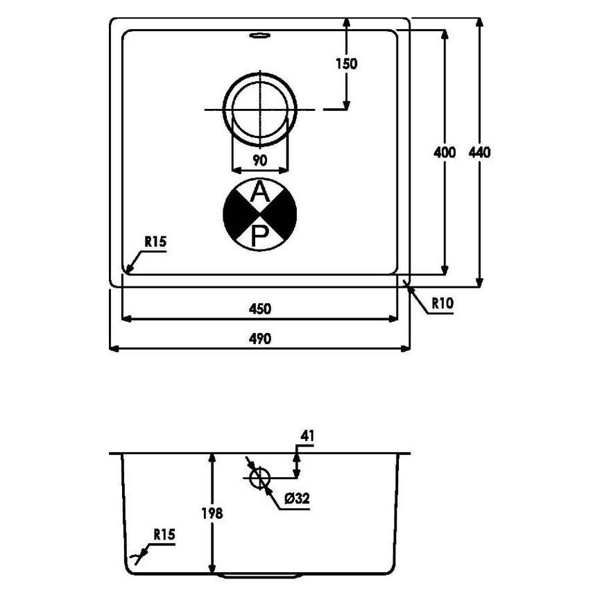 Easton Single Bowl No Drainer Inset/Undermount Stainless Steel Kitchen Sink Line Drawing