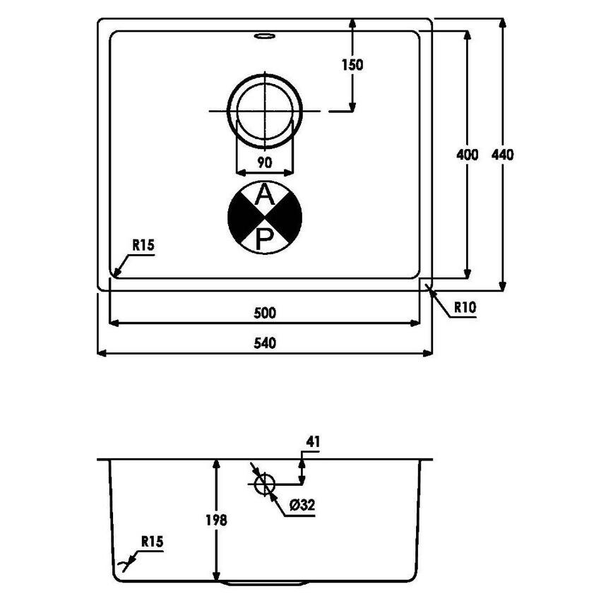 Easton Single Bowl No Drainer Inset/Undermount Stainless Steel Large Kitchen Sink Line Drawing