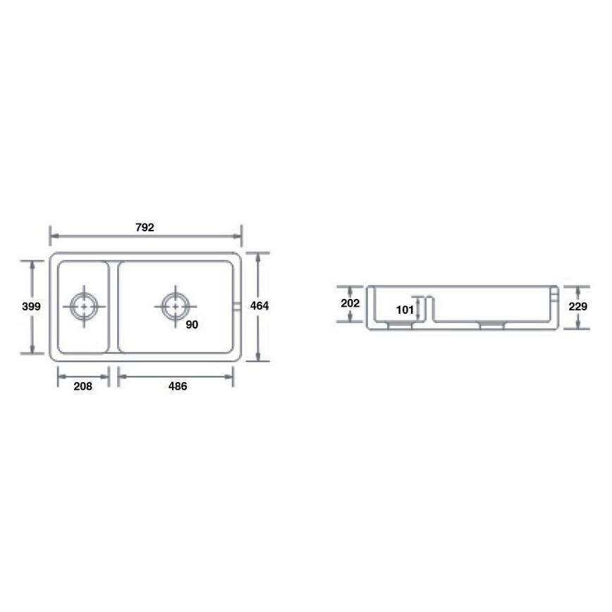 Winterburn 1.5 Bowl No Drainer Undermount Ceramic Smooth White Butler Kitchen Sink Line Drawing