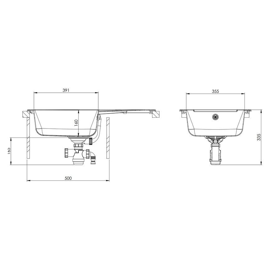 Single Bowl Reversible Inset Composite White Compact Kitchen Sink Line Drawing