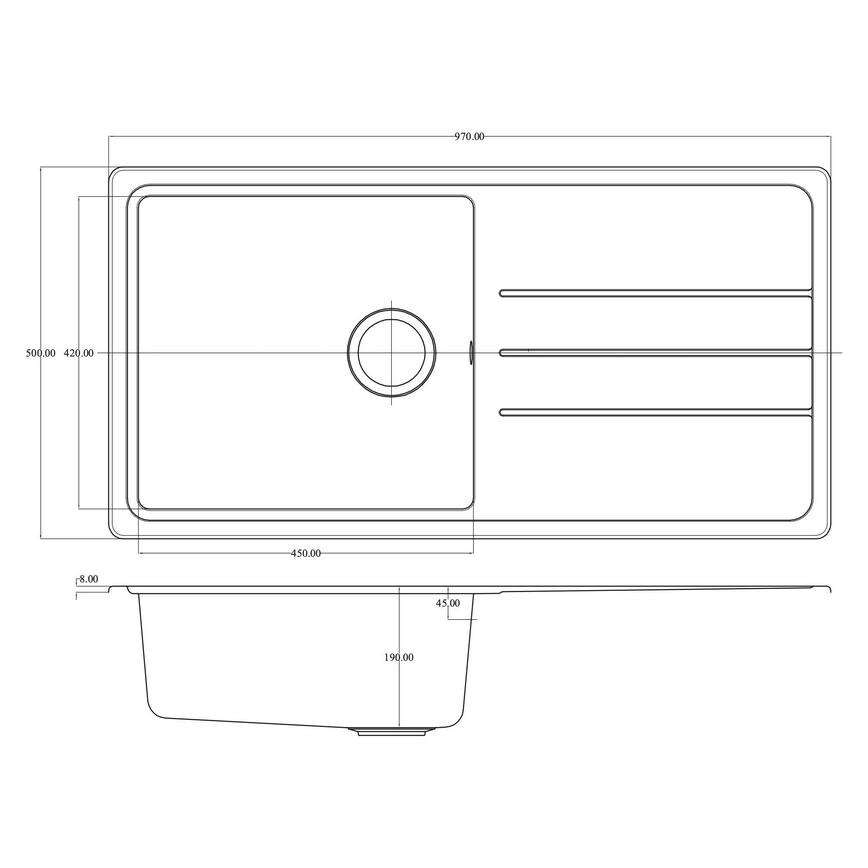 Single Bowl Reversible Inset Composite Black Kitchen Sink Line Drawing